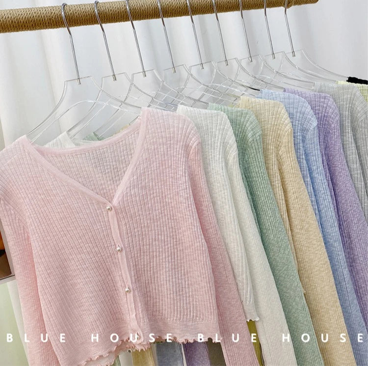 2026 Spring Summer Gentle Ruffle Trim Long Sleeve Ice Silk Sunscreen Knitted Cardigan Women Short Pearl Button Thin Casual Coat