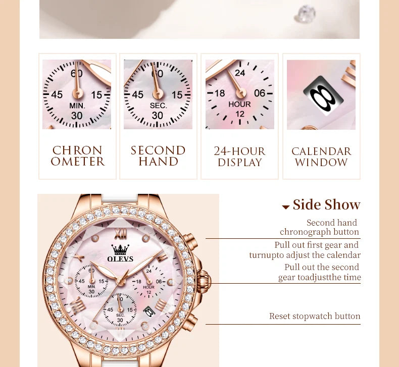 OLEVS Diamond Quartz Watch for Women Luxury Elegant Ceramics Strap Rhombic Mirror Ladies Wristwatch Waterproof Chronograph Clock