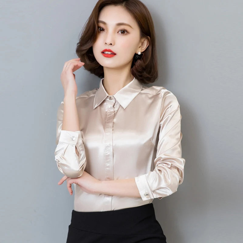 Women silk satin blouse button long sleeve lapel ladies office work elegant female silk blouses shirts
