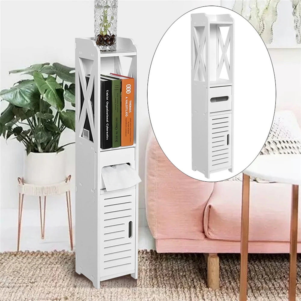 80x15.5x15CM Bathroom Toilet Furniture Cabinet White Wood Cupboard Shelf Tissue Storage Rack