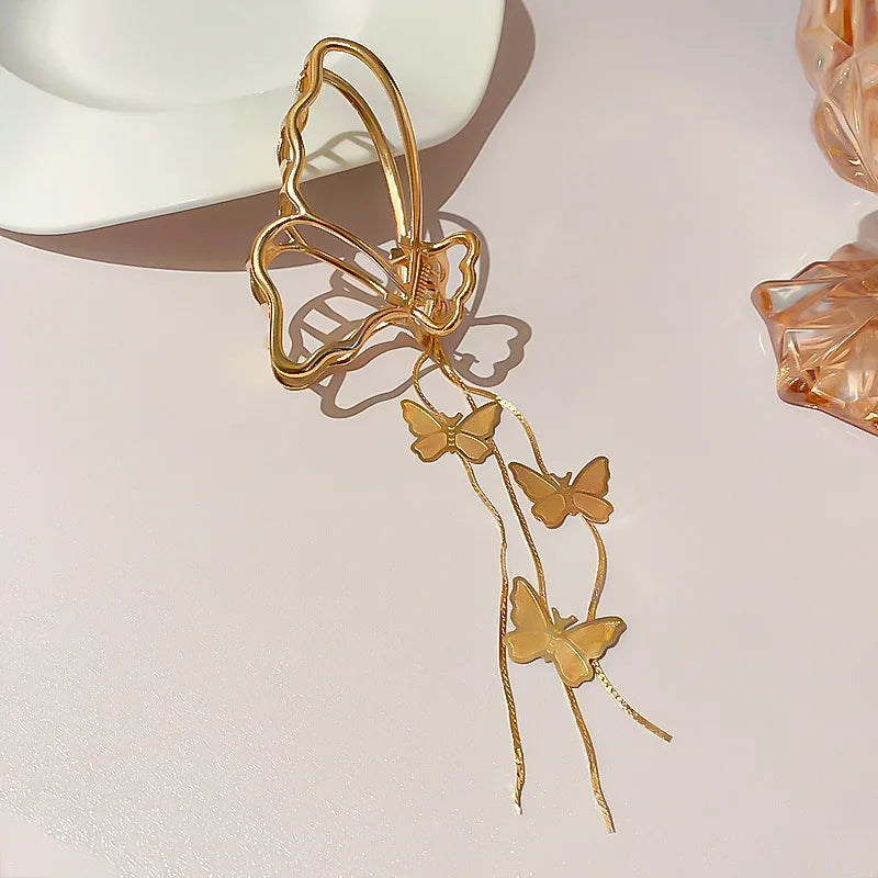 DREJEW Butterfly Hairbands for Women Rhinestone Crystal Long Tassel Chain Headband Simulated Pearl Headwear Hair Accessories