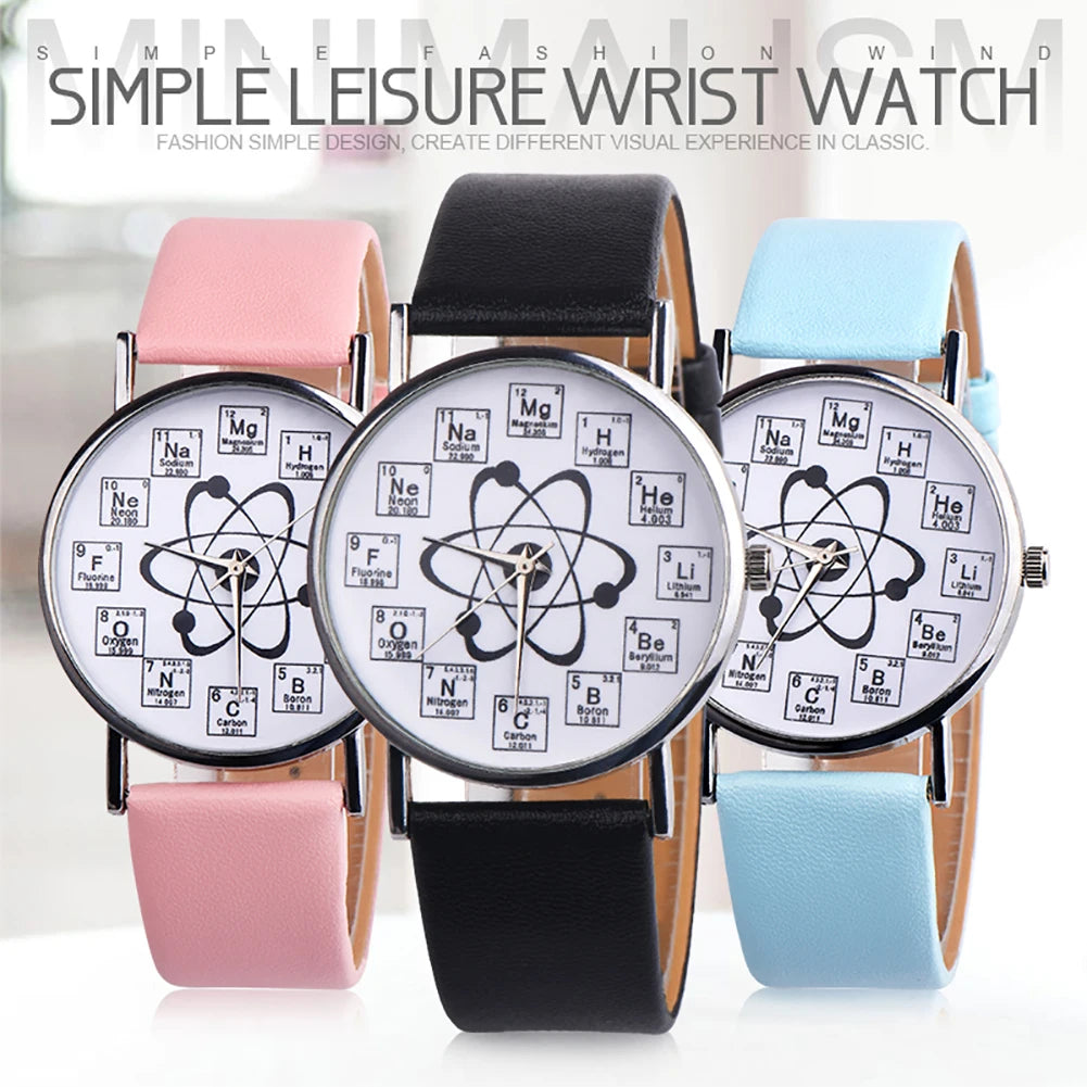 Ladies Watches Creative Design Chemical Element Markers Molecule Pattern Watches Leather Band Quartz Wristwatch Watch Women