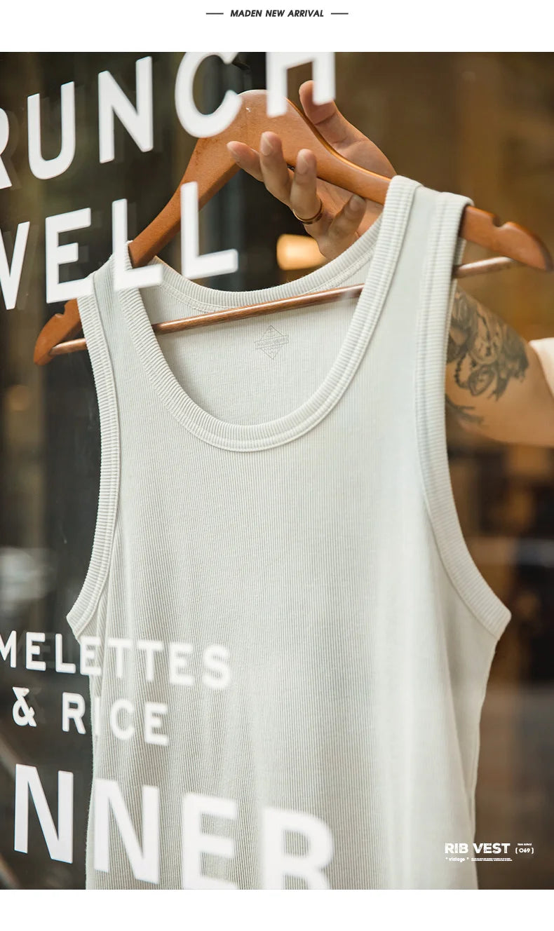 Maden Men's Retro Solid Color Slim Fit Sleeveless Vest T-Shirt Sports Fitness Threaded Inner Bottoming Shirt for Summer Tank Top