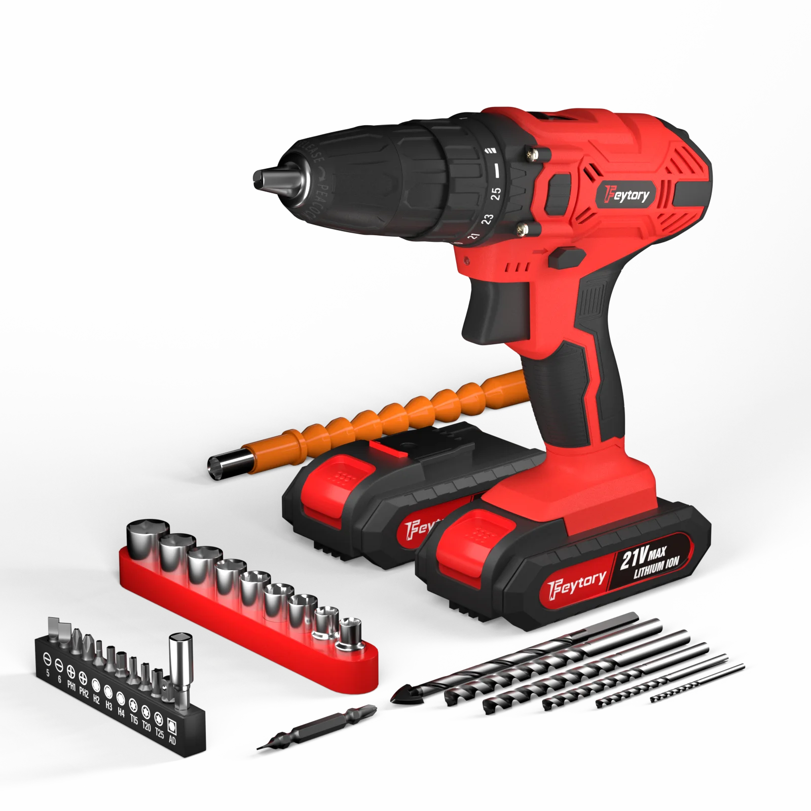 45Nm Cordless Drill with 2 X 1.5Ah Li-Ion Batteies and Charger, 140W, 25+1 Torque, 2 Speed, 2700RPM, 29 Accessories, Carry Case