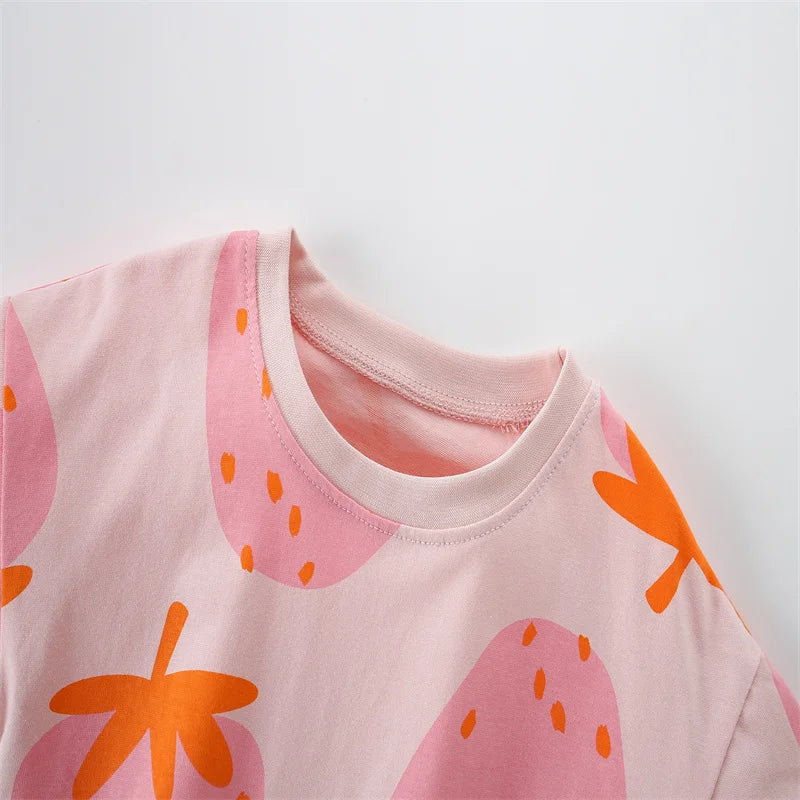 Jumping Meters 100% Cotton 3-8T Strawberry Girl 2 PCS Sets Baby Outfits Summer Tops + Shorts Children's Clothing Toddler Outfits