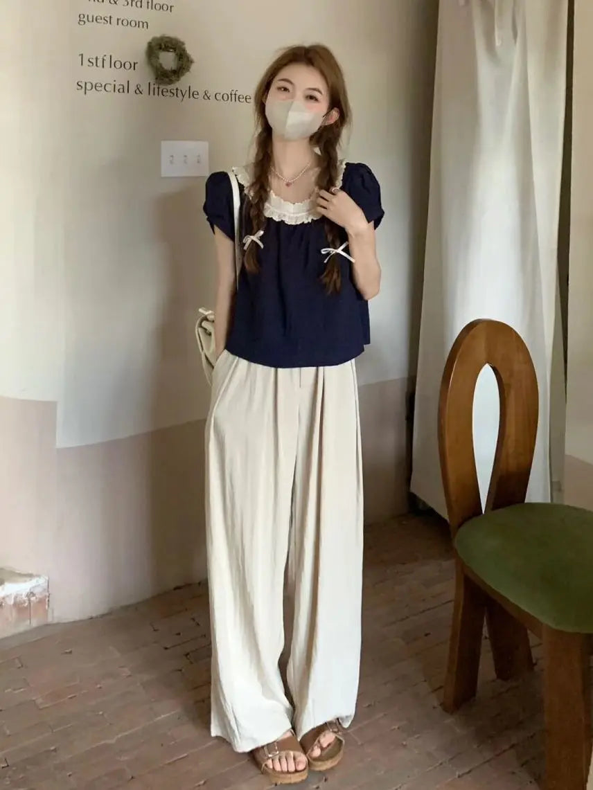 Women Summer 2025 New Short-sleeved Shirt Top High Waist Loose Wide-leg Pants Two-piece Set
