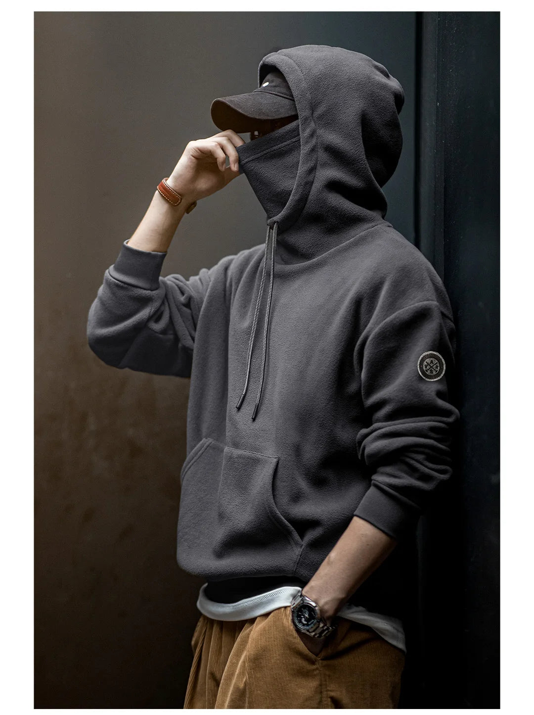 Maden Casual Polar Fleece Hooded Sweatshirt Solid Color Windproof Pullover with Face Mask Warm Tops for Men's Fall and Winter