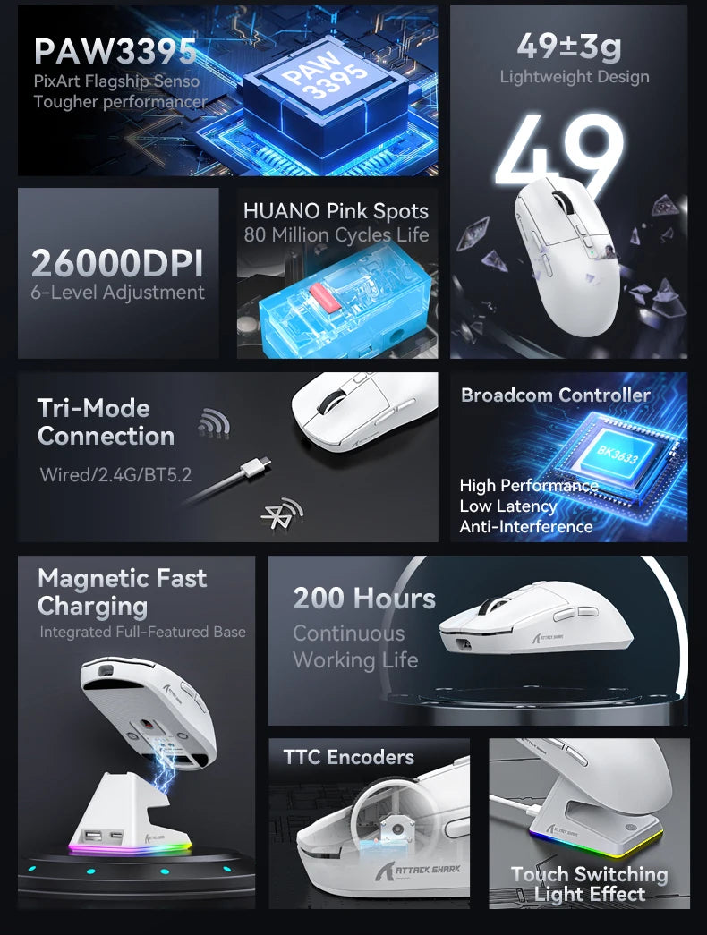 Attack Shark X6 Wireless Gaming Mouse Bluetooth Tri-Mode Connection,RGB Touch Magnetic Charging Base PAW3395 Macro Gaming Mouse