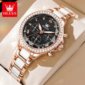 OLEVS Diamond Quartz Watch for Women Luxury Elegant Ceramics Strap Rhombic Mirror Ladies Wristwatch Waterproof Chronograph Clock