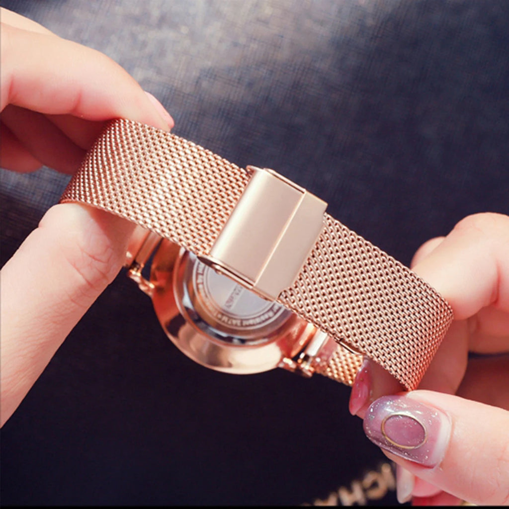 Women Luxury Watch 36mm Fashionable Frosted Dial Japanese Movement Rhinestone Rose Gold Stainless Steel Mesh Women Dress Watches