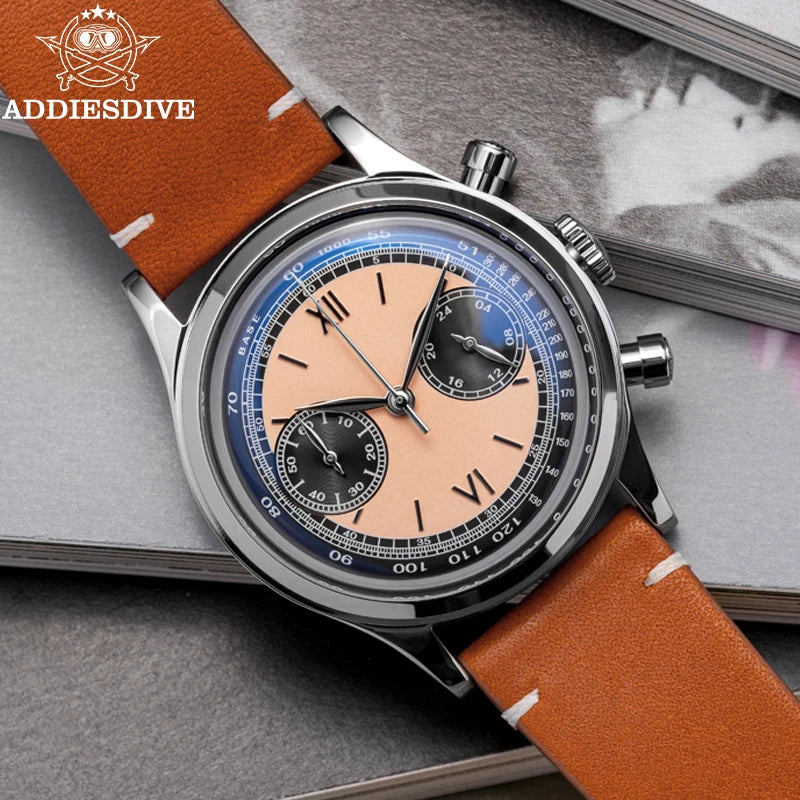 ADDIESDIVE Men watches Quartz Wristwatch Sport waterproof 100m Chronograph AR Coating VK64 Movement Retro Leather Watch New