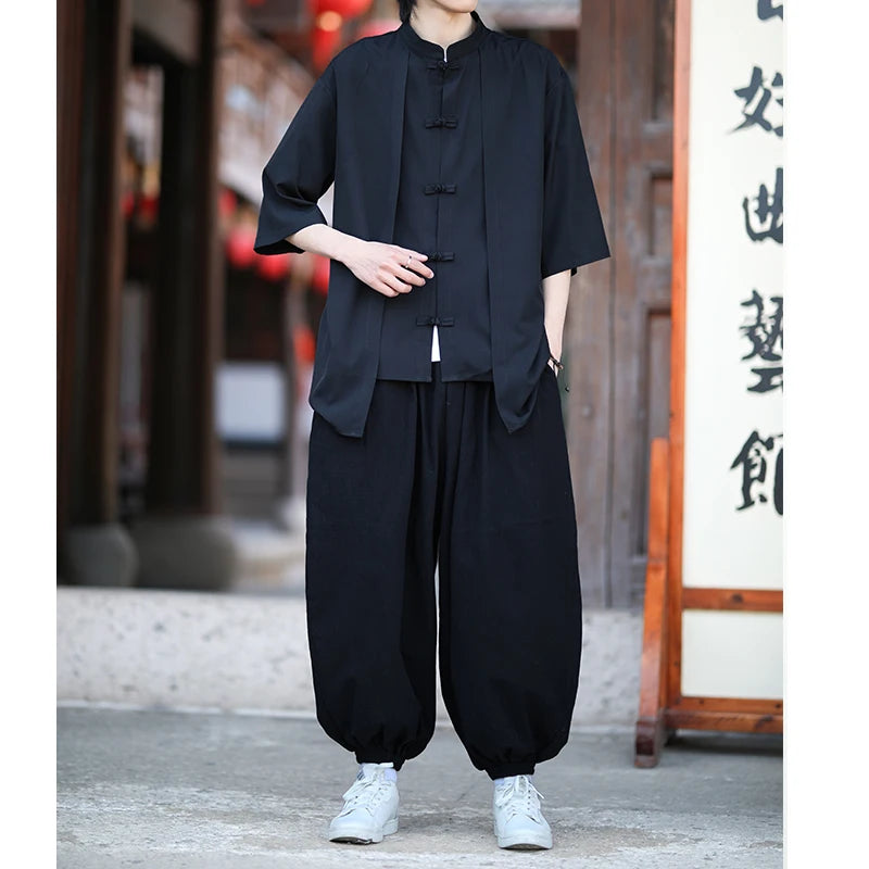 Chinese Shirt Men Ice Silk Chinese Style Comfortable Breathable Retro Shirt  Men Casual Summer Loose Fit Fashion Solid Color Top