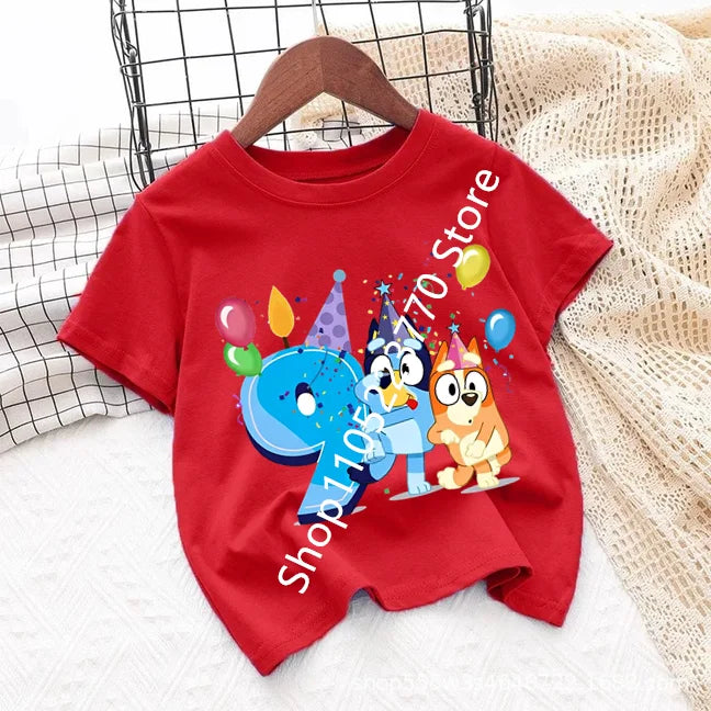 Bluey Baby Birthday T Shirt for Boys Girl Bingo Number Kids Clothes Summer Cartoon Letter Tees Shirts Toddler Short Sleeve Tops