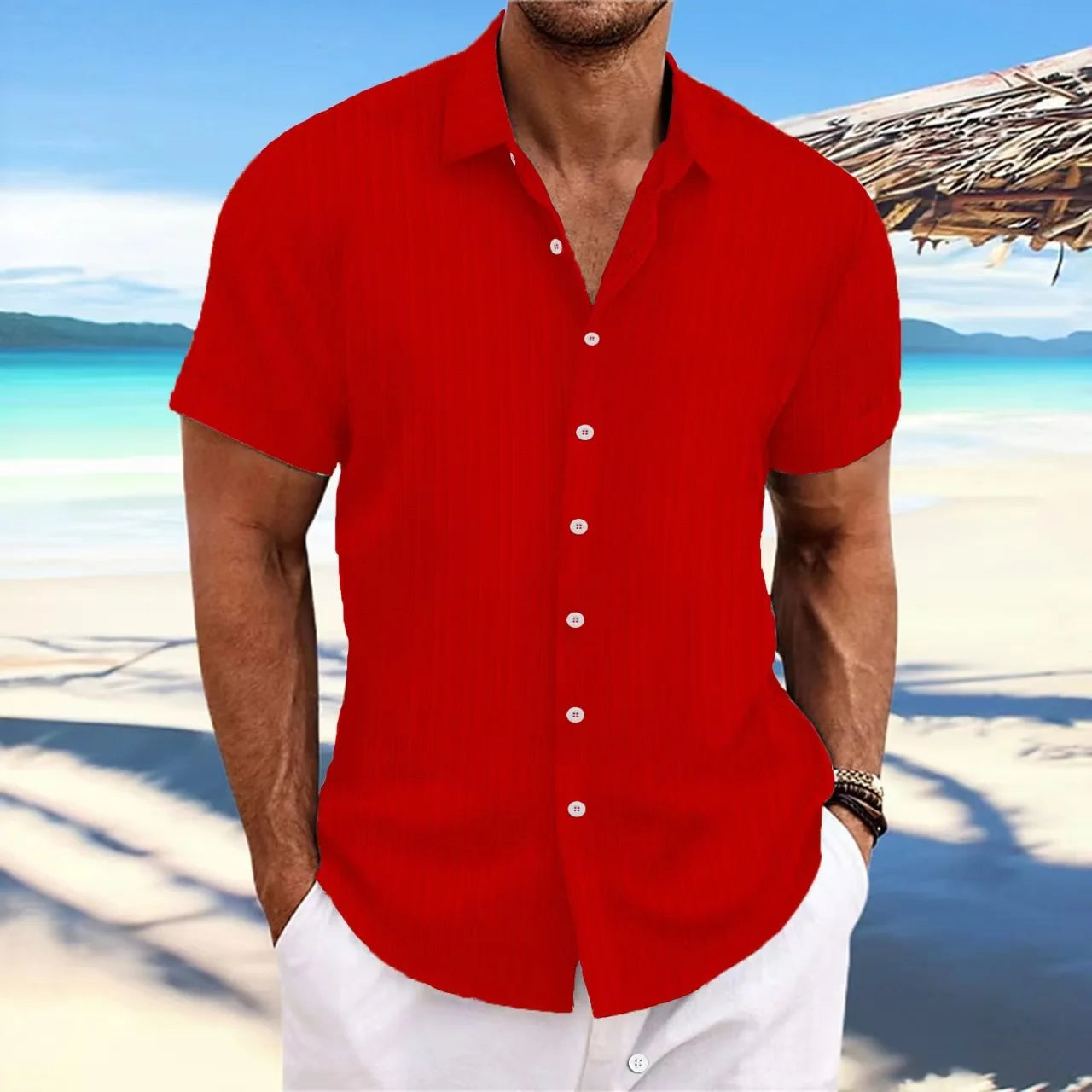 Men Must Summer Casual Shirt Cotton And Linen Stripes Casual Comfortable Loose Beach Lapel Cardigan Short-Sleeved Top