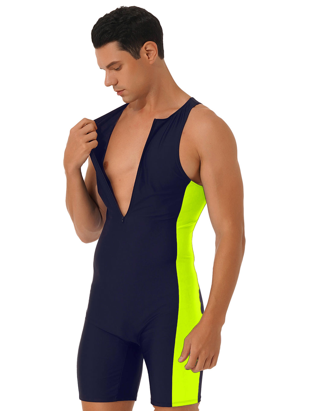 Mens Swimwear One-piece Wetsuit Swimming Bathing Suit Round Neck Sleeveless Side Shorts Bodysuit Triathlon Front Zipper Swimsuit