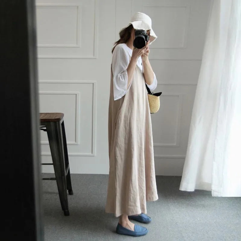 Johnature Summer New Cotton Linen Large Size Women Jumpsuits 2025 Solid Color Spaghetti Strap V-neck Loose Casual Playsuits