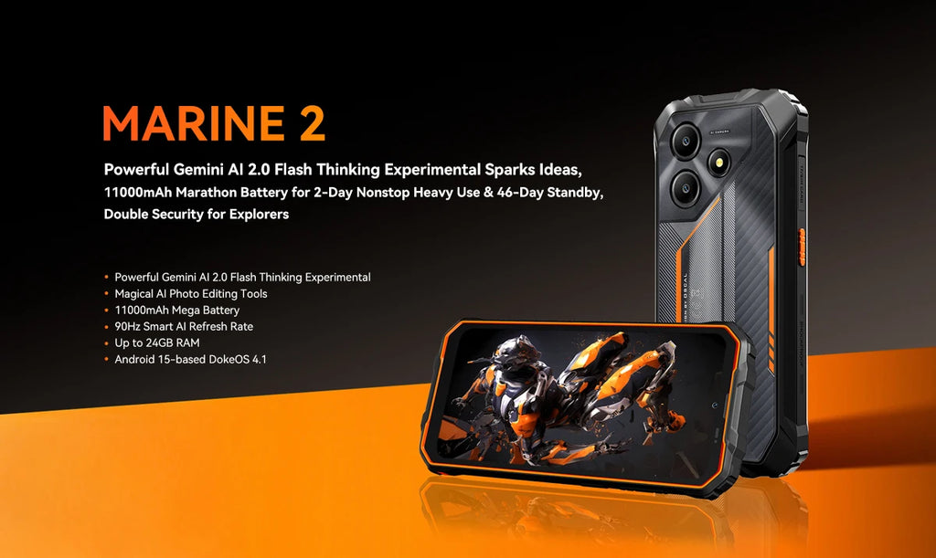 Blackview MARINE 2 Rugged Smartphone 6.56-inch HD+ IPS 90Hz Display 11000mAh 8GB 128GB Android 15 NFC 16MP Camera Cellphone