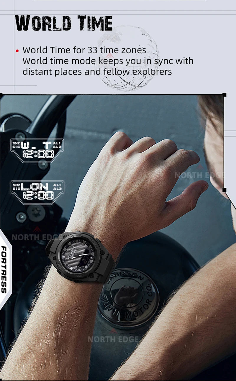 NORTH EDGE FORTRESS Men's Sports Watches Stopwatch Men's Digital Watches World Time Wristwatch relógios masculino Waterproof 50M
