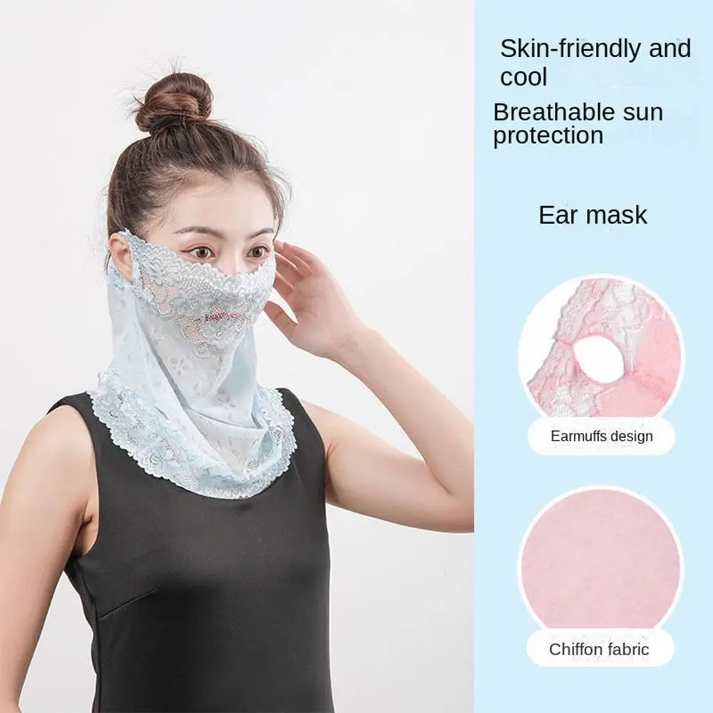 Summer Sunscreen Lace Mask Women Men Sport Golf Face Mask UV Protect Neckline Mask Hanging Ear Headband Scarf