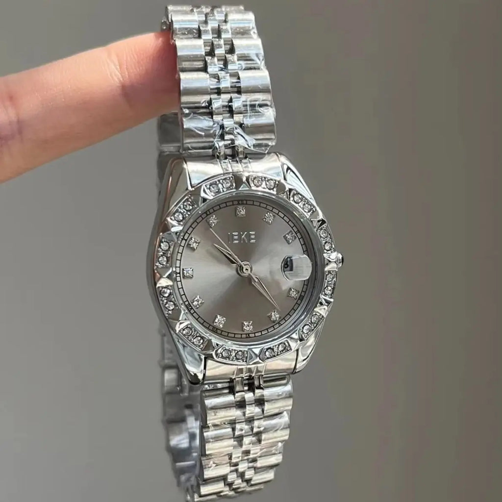 Women's Crystal Accented with Solid Alloy Steel Band Watch Elegant Dress Quartz Calendar Watches for Women