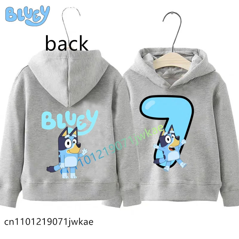 Bluey Birthday Number Print Hoodie Kids 1-9Y Front Back Design Long Sleeve Sweatshirt Boys Girls Casual Tops Birthday Party Wear