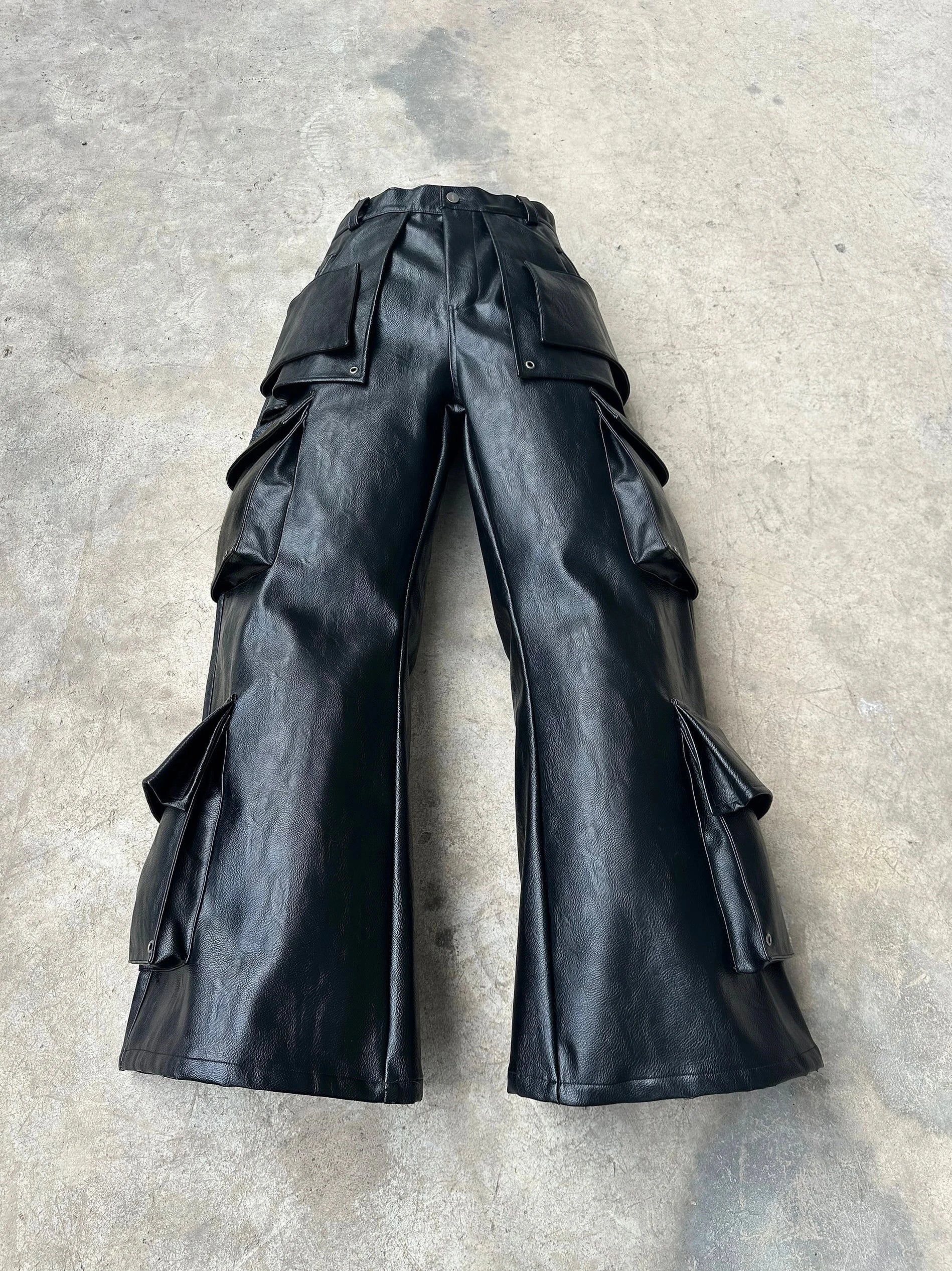 Mauroicardi Spring Cool Long Baggy Black Pu Leather Wide Leg Cargo Pants Men with Many Pockets Mens Designer Clothes Streetwear