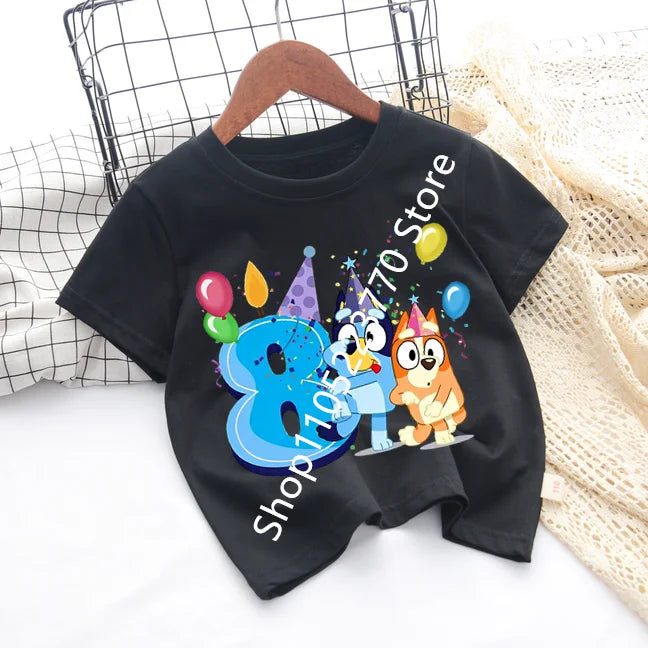 Bluey Baby Birthday T Shirt for Boys Girl Bingo Number Kids Clothes Summer Cartoon Letter Tees Shirts Toddler Short Sleeve Tops