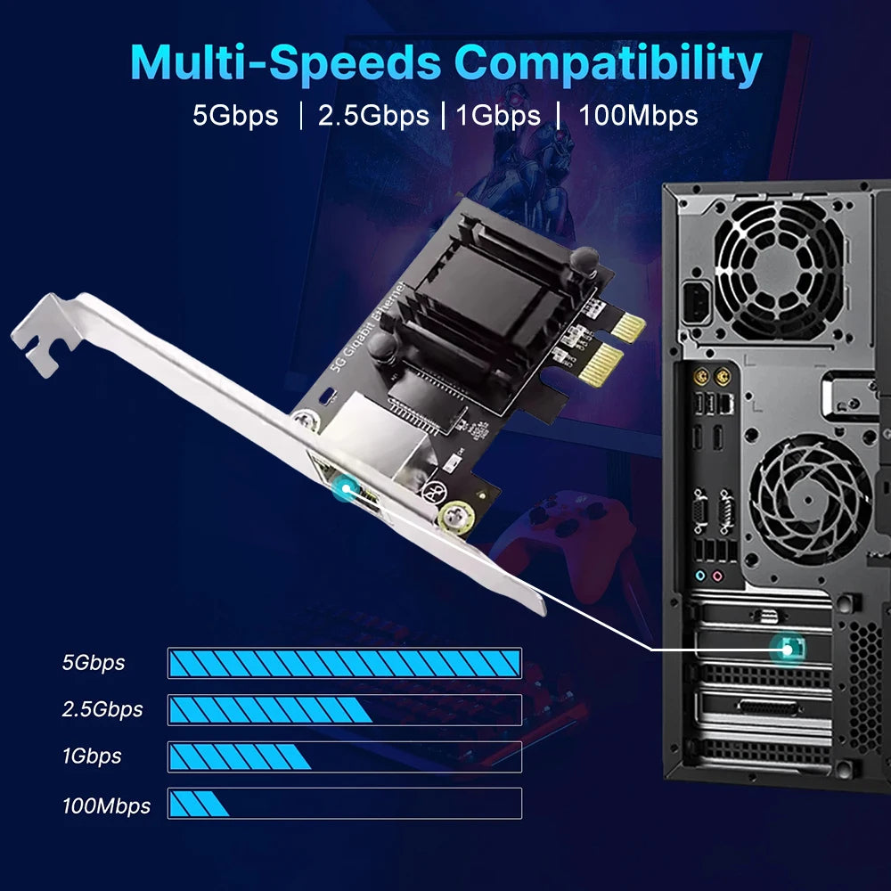 5Gbps Pcie to RJ45 Network Card Realtek 8126 100Mbps/1G/2.5G/5G RJ45 Interface Gigabit Ethernet PCI Express X1 X4 X8 X16 Adapter