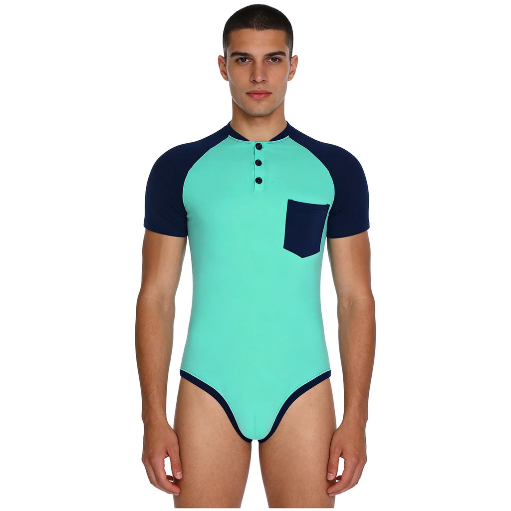 Men Workout Fitness Gym Sport Bodysuit Short Sleeve Openable Crotch Patchwork Jumpsuit for Workout Gym Sports Swimming Outfits
