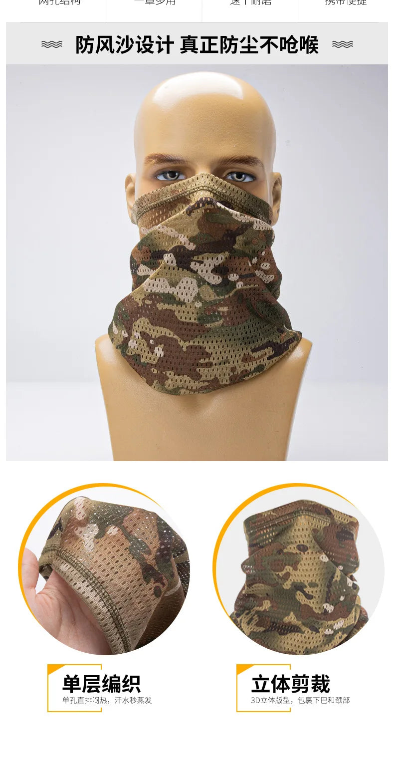 Outdoor Cycling Hiking Camping Sunscreen Breathable Faceshield with Large Mesh Windproof Neckerchief Camo Mask Neck Gaiter Cover