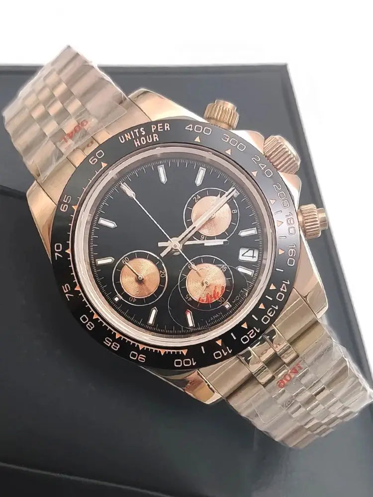 Luxury 39mm Rose gold Quartz Watch Men's Timing Sapphire Crystal VK63 Movement Calendar Luminous Blue Dial Stainless Steel Stra