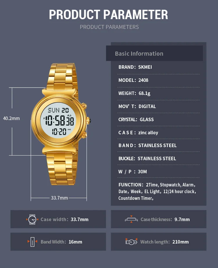 SKMEI Fashion Women's Alloy Digital Business Watch Waterproof Steel Strap Women Watch Simple Exquisite Silver Watch with 2408