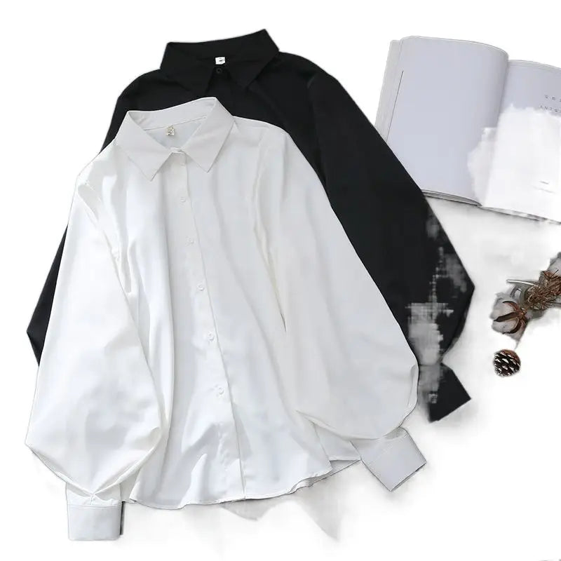 Blouses Tops Women White Black Long Lantern Sleeve Office Lady Temperament Autumn Winter Basic All-match Design Chic Female New