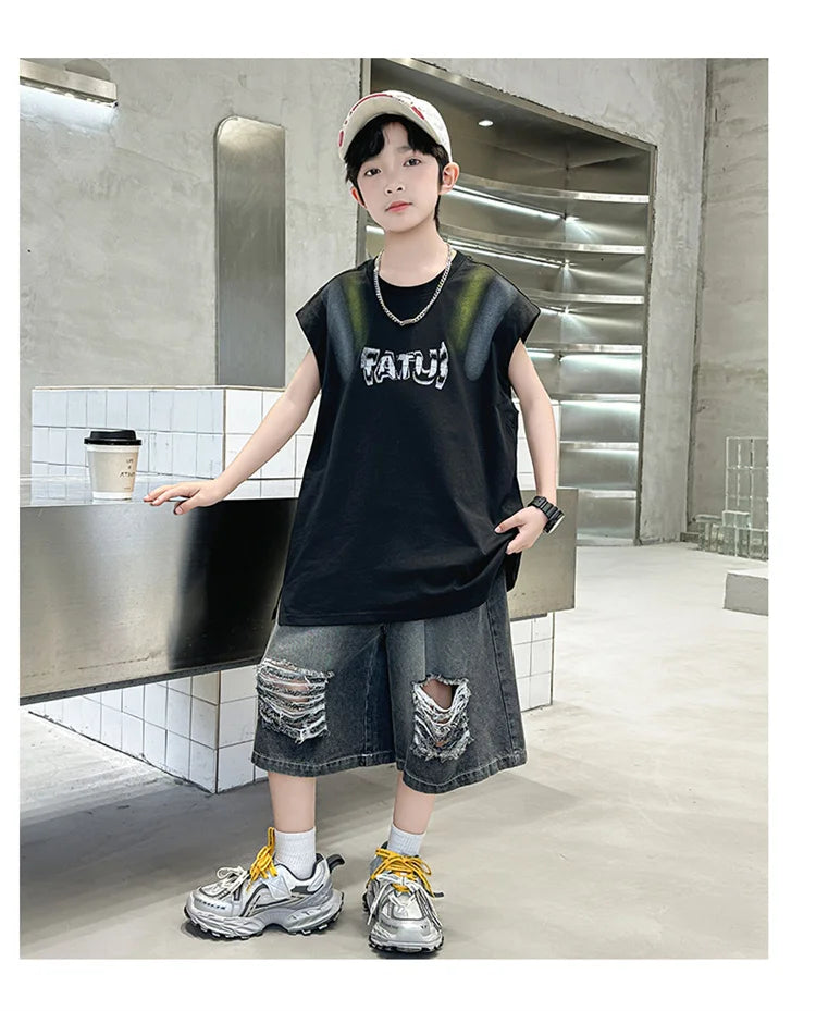 Junior Boys Summer Suit Children's Fashion Sleeveless Vest and Hole Jeans Shorts Clothing Sets for Kids 5 7 9 11 13 14 Years Old