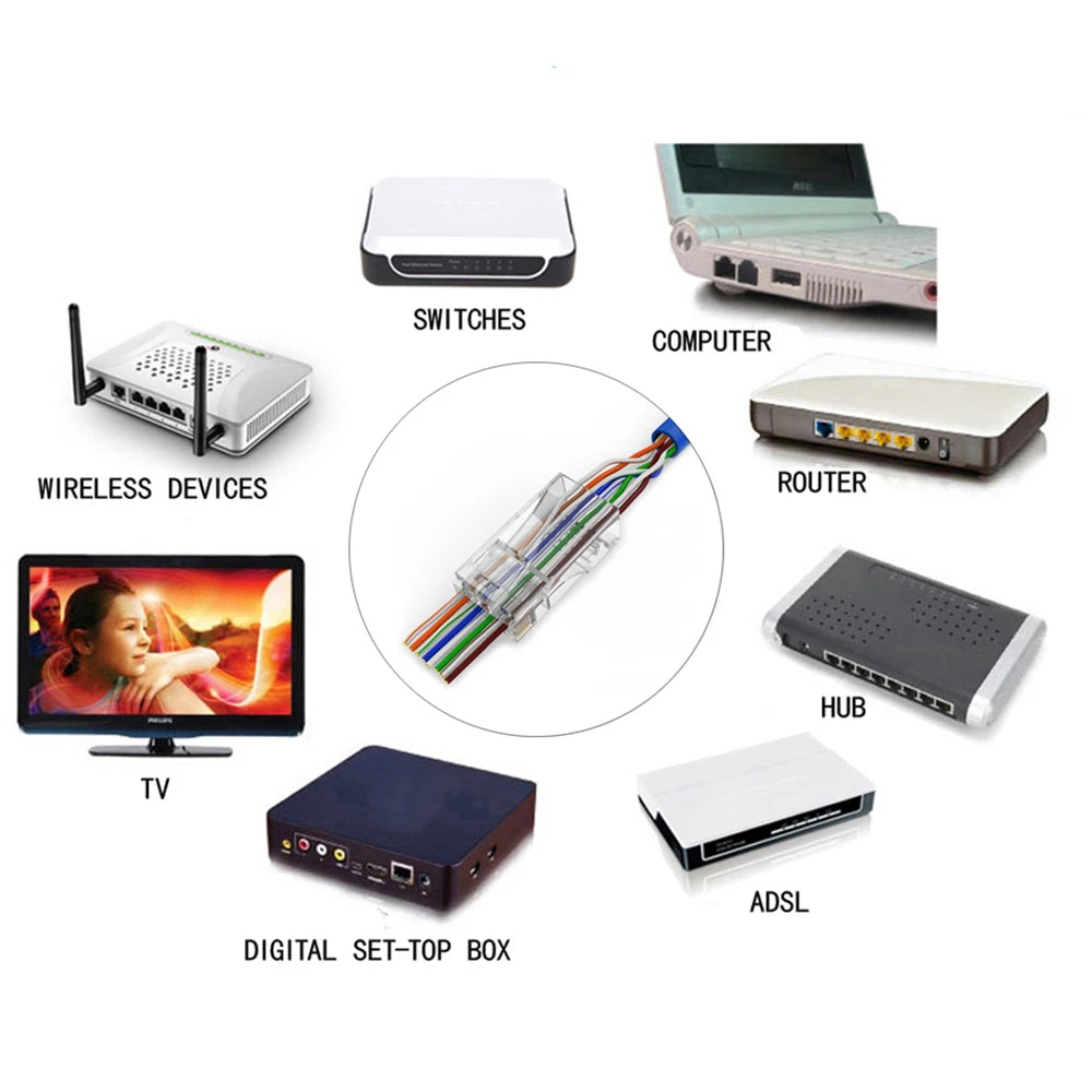 Rj45 Cat5e Connector Crystal Unshielded RJ45 Ends UTP 8Pin Modular Network Plug Connectors for Solid Stranded UTP Network Cable