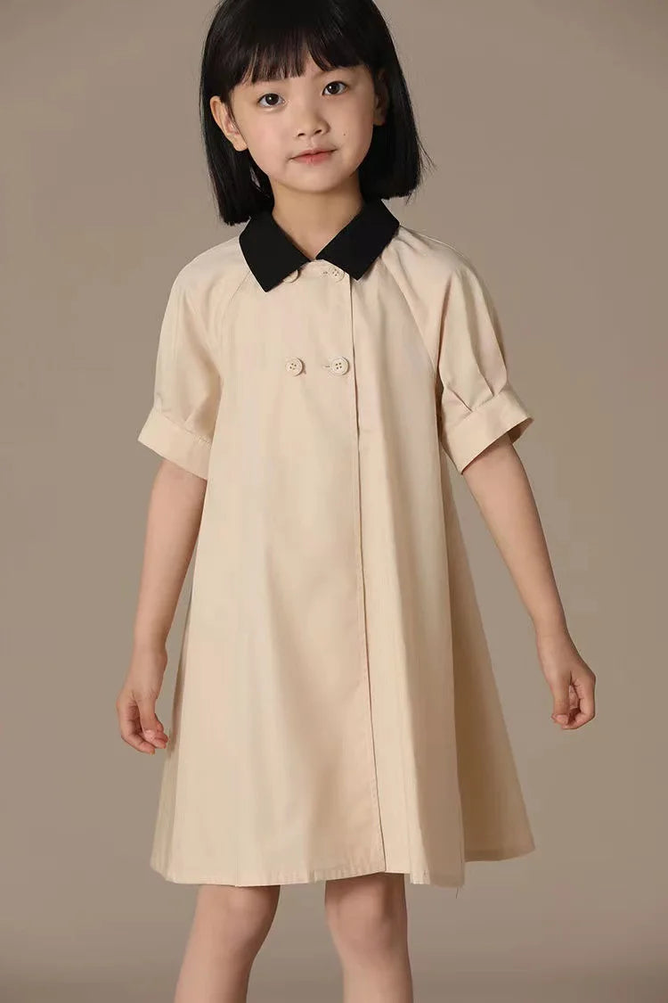 Girls Dress 2025 Spring Summer New Simple Temperament Cotton Contrasting Turn-down Collar Double Breasted Short Sleeved Dress