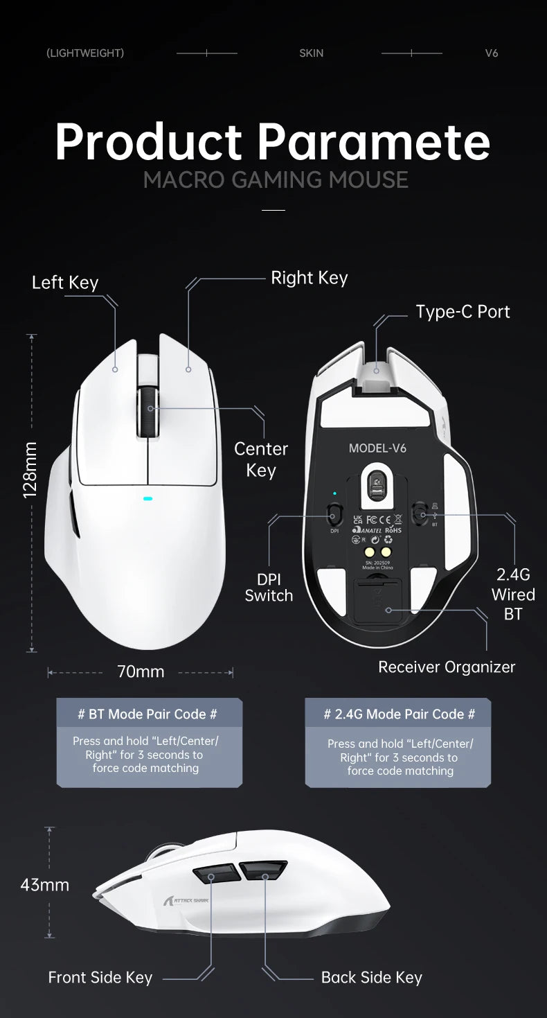 V6 ATTACK SHARK 25000DPI Wireless Mouse,Bluetooth Tri-Mode Connection,Touch Magnetic Charging Base , Macro Gaming Mouse