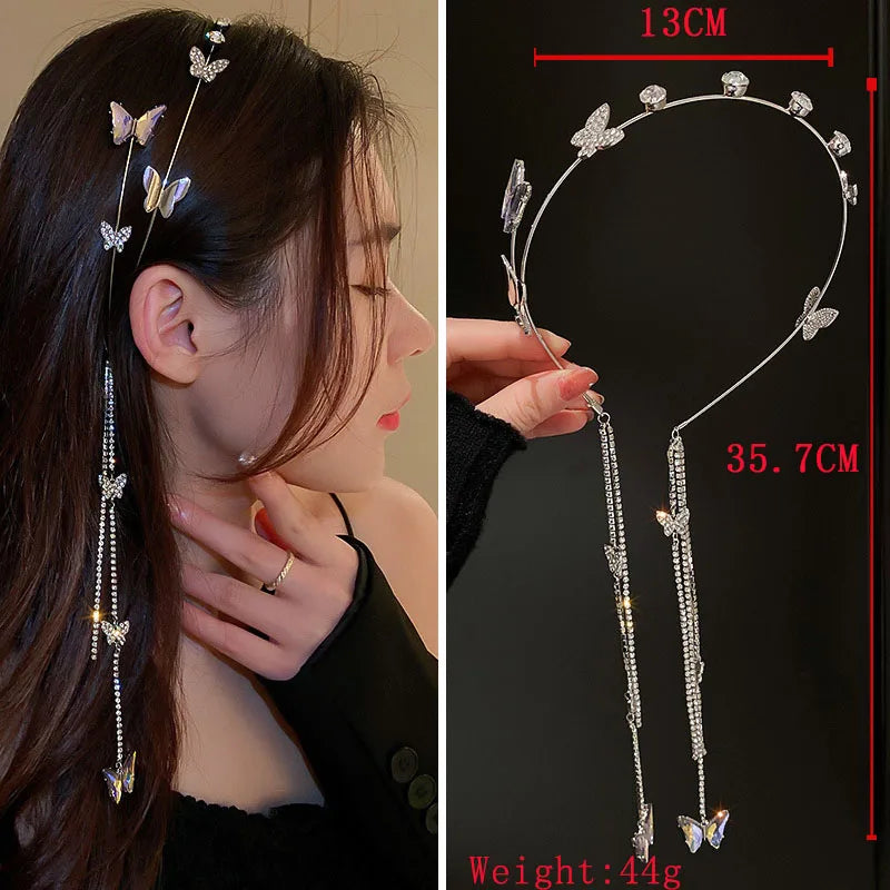 DREJEW Butterfly Hairbands for Women Rhinestone Crystal Long Tassel Chain Headband Simulated Pearl Headwear Hair Accessories