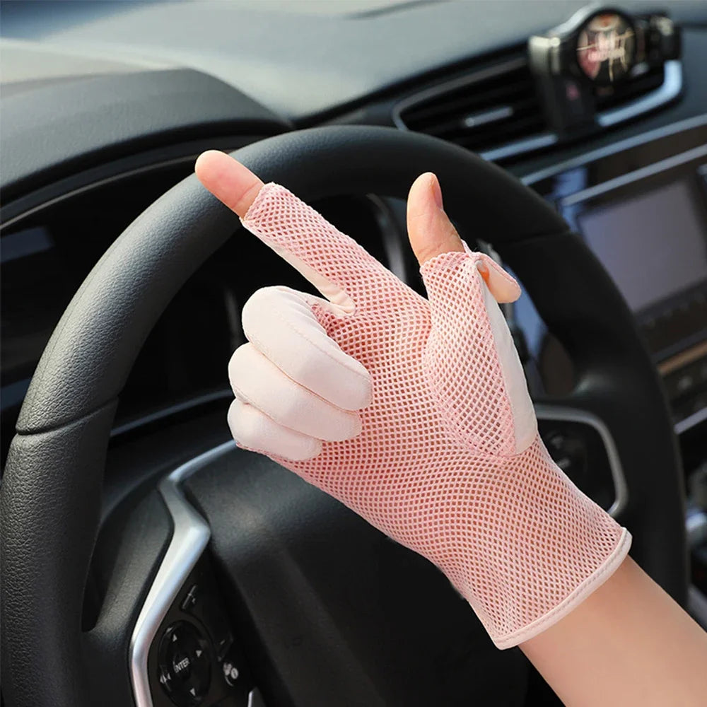 Fashion Women Gloves Summer Ladies Anti-UV Sunscreen Ice Silk Thin Gloves Mesh Breathable Can Be Opened Driving Gloves