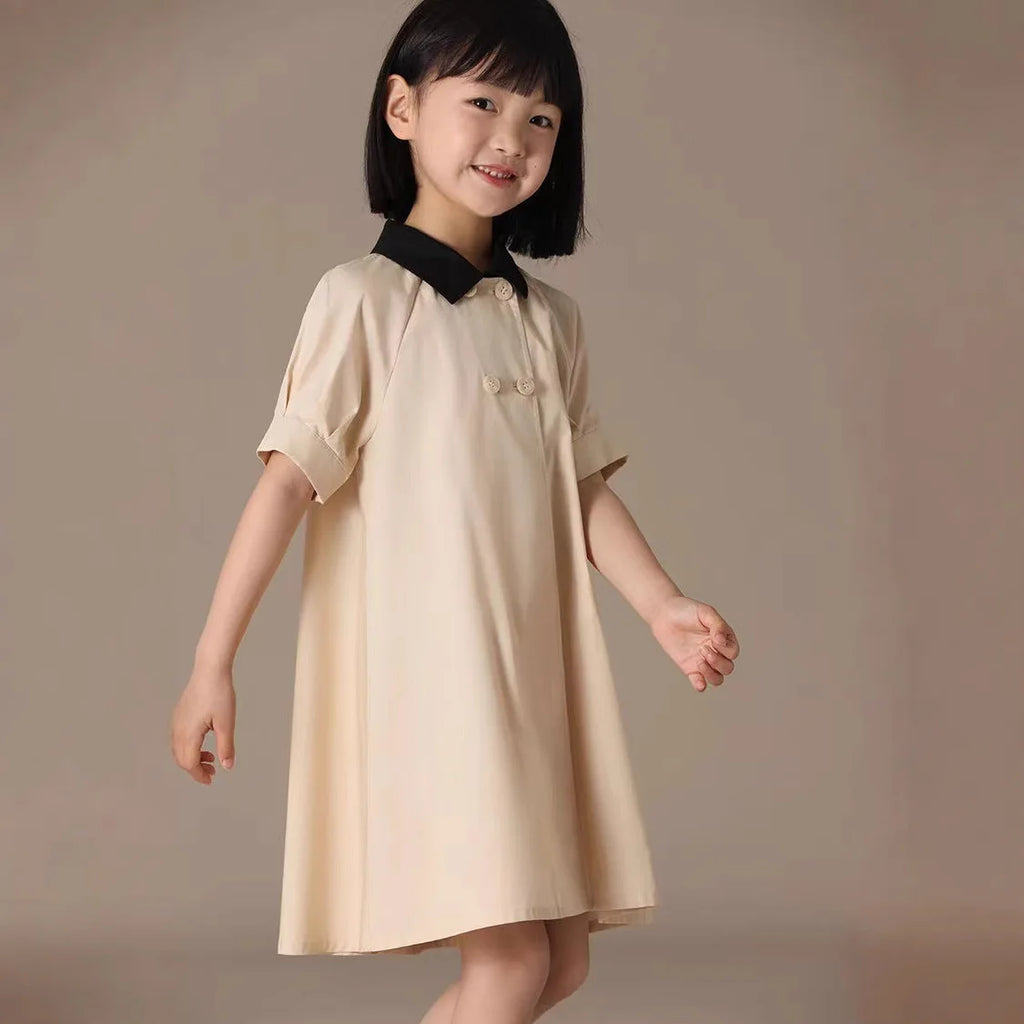 Girls Dress 2025 Spring Summer New Simple Temperament Cotton Contrasting Turn-down Collar Double Breasted Short Sleeved Dress