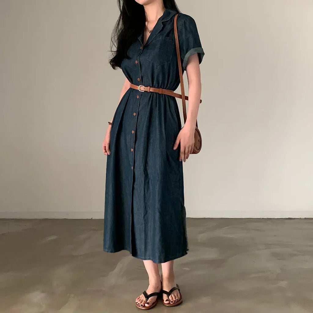 Slimming Chic Retro Chic Long Dr with Belt High Waist A-Line Skirt ort Sve Korean Sle Commute Dr Denim Dr