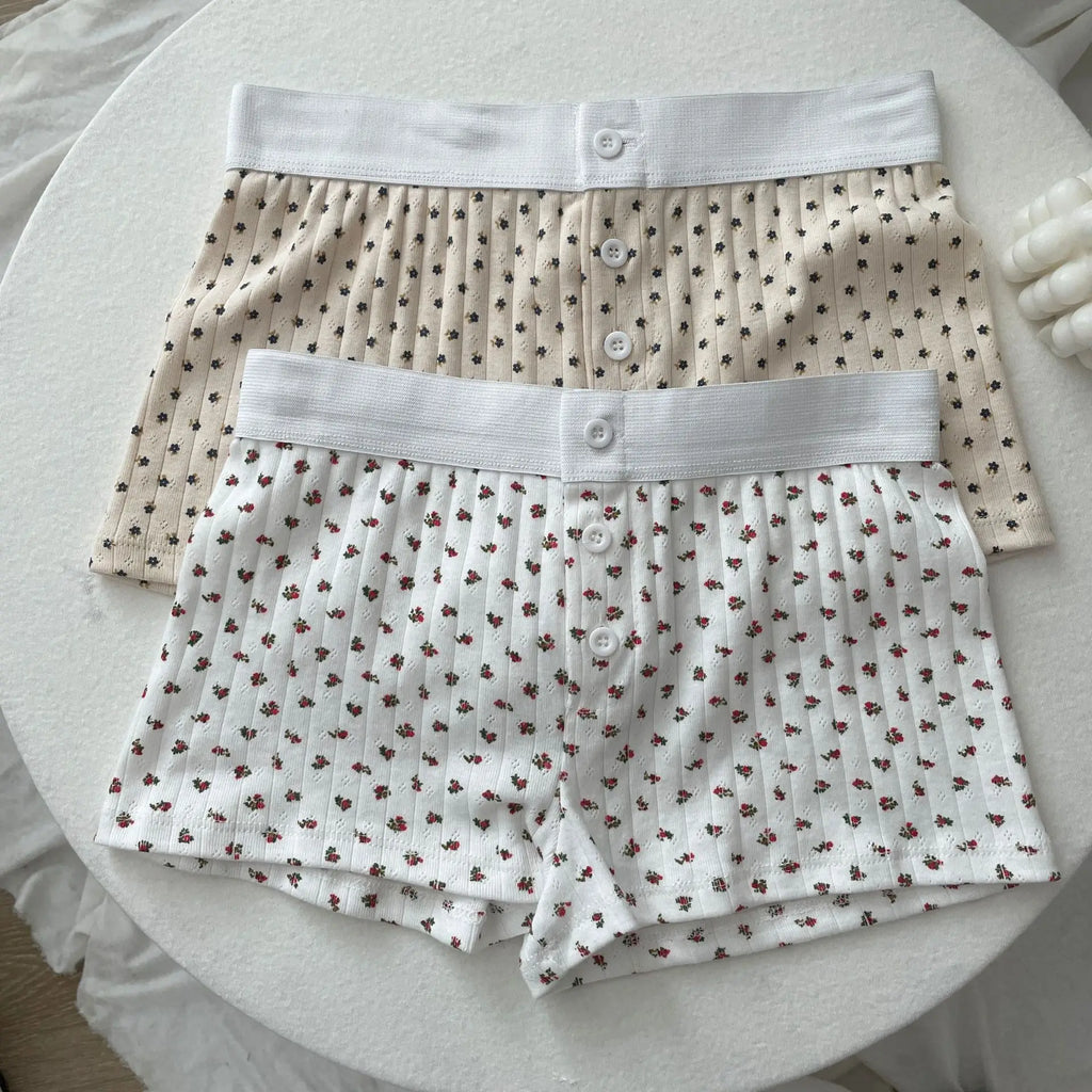 Floral Eyelet Cotton Boy Shorts Woman Summer Three Buttons Patchwork Elastic Waist Straight Short Pant Sweet Cute Home Underwear