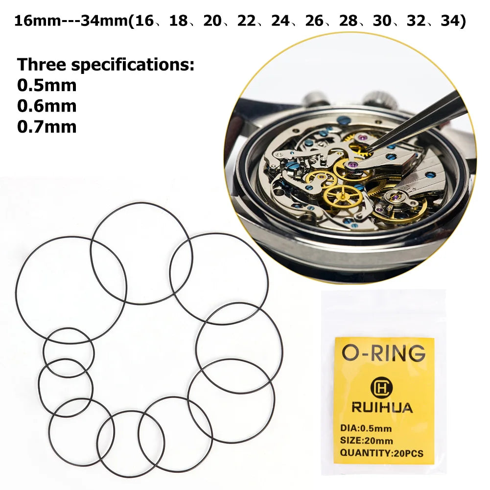 200pcs Waterproof 0.5mm/0.6mm/0.7mm O-Ring Watch Back Seal Cover Mini Rubber Washer O-Ring Watch Gaskets Watch Repair Tools