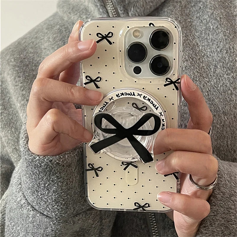 Korean Cute Black Bow For Magsafe Magnetic Phone Griptok Grip Tok  Stand For iPhone 15 14 13 Foldable Wireless Charging Holder