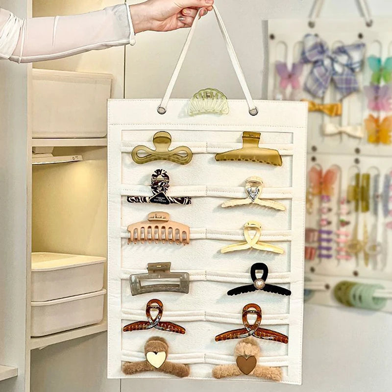 Hanging Hair Claws Clip Storage Organizer for Women Girls Soft Felt Headbands Display Hairpin Sunglasses Accessories Holder Bag