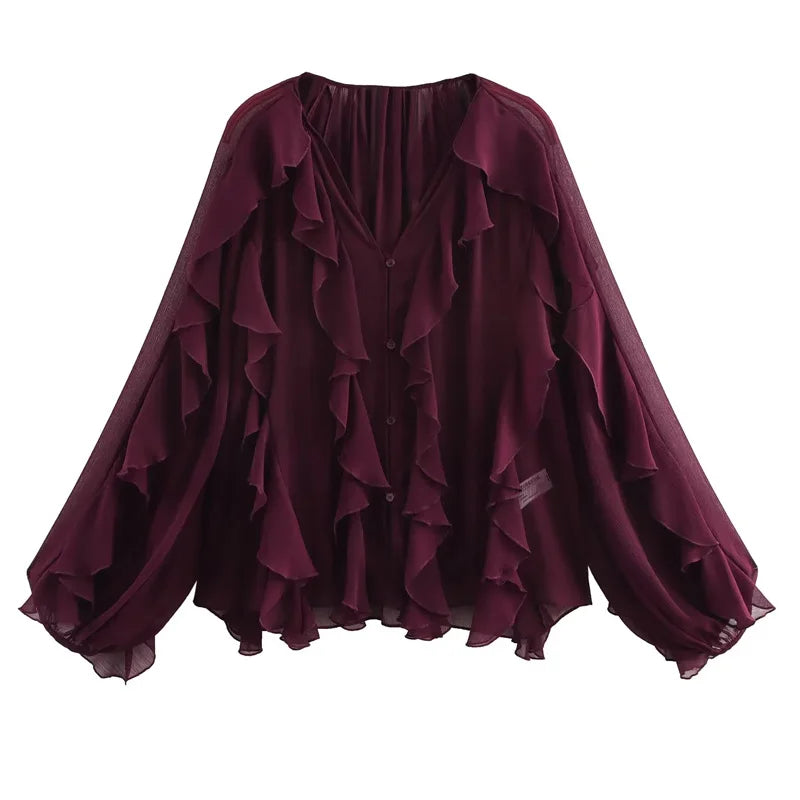 HXAO 2025 Shirts & Blouses Ruffle Elegant Women's Shirt Spring Long Sleeve Plain Shirts Women Semi Transparent Blouses For Lady