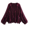 HXAO 2025 Shirts & Blouses Ruffle Elegant Women's Shirt Spring Long Sleeve Plain Shirts Women Semi Transparent Blouses For Lady