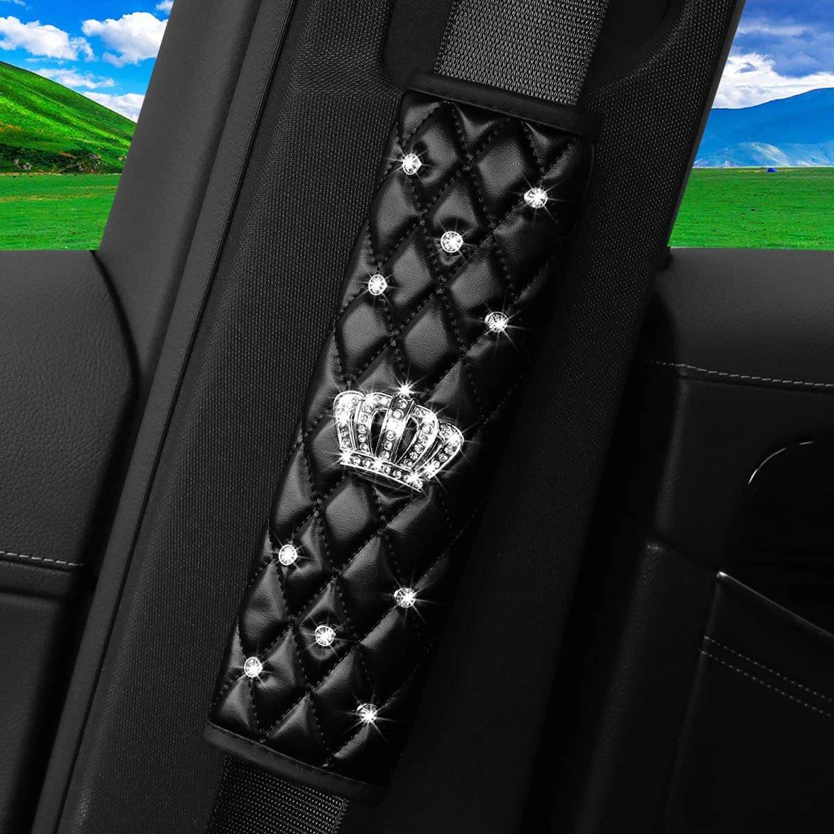 A skin feeling PU sheepskin embroidered crown diamond artificial stone car shoulder guard seat belt automotive supplies