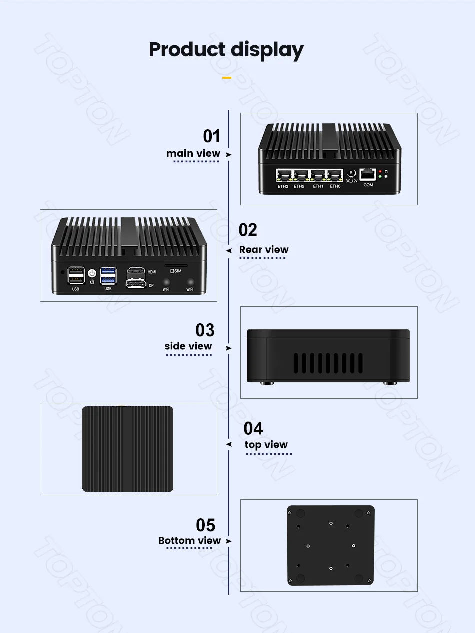 Topton pfSense Firewall Soft Router J6412 N150 N100 4x i226-V 2.5G LAN NVMe Barebone Fanless Mini PC HDMI2.0 DP AES-NI OPNsense