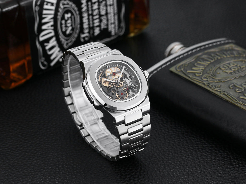 Power Reserve Mechanical Men Wristwatch Skeleton Stainless Steel Powerful Automatic Watches Square Waterproof Hand Clock Gift